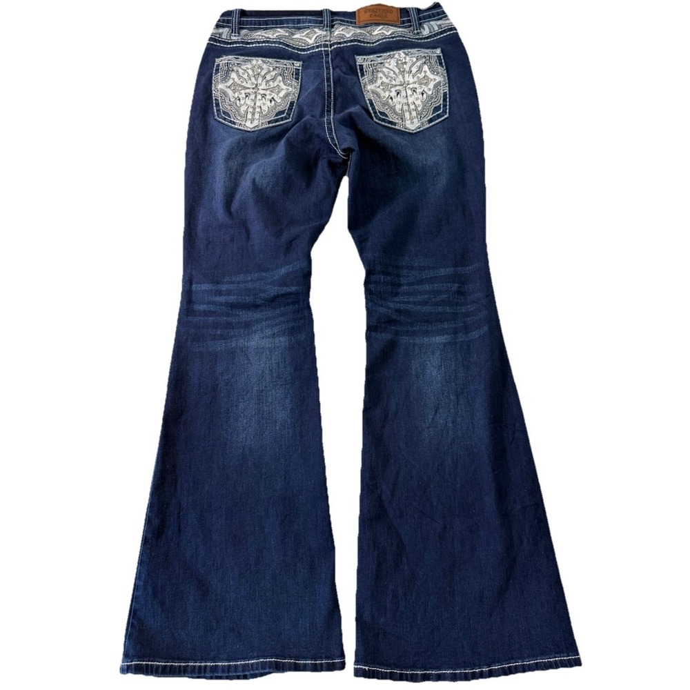 Westfield Eagle Womens Flare Jeans Dark Wash Embroidered Cross Sequin Size 17